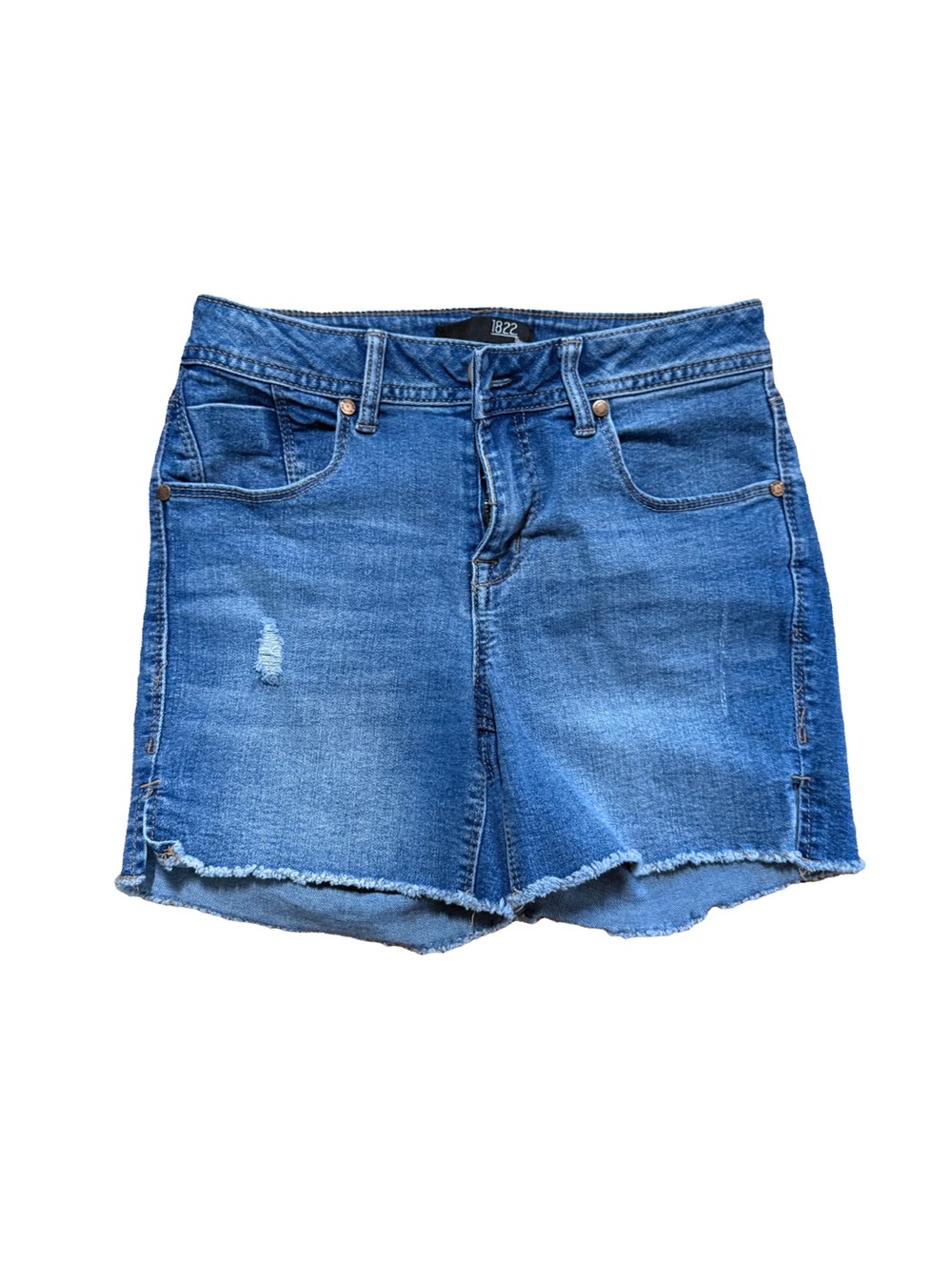 1822 Denim Blue Distressed Frayed-Hem Jean Shorts Women’s 4